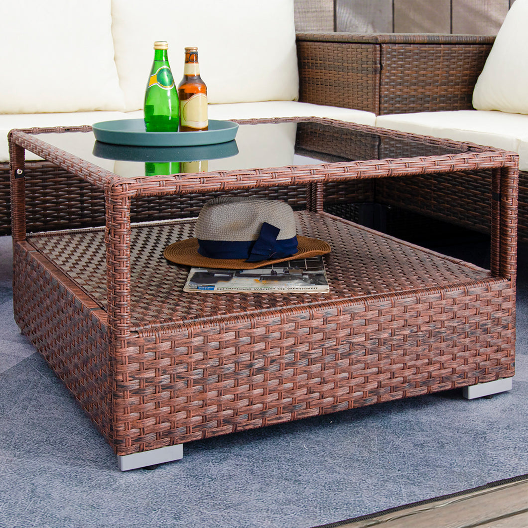 DIMAR GARDEN Outdoor Wicker Coffee Table with Glass top and Storage, Mixed Brown