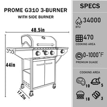 Load image into Gallery viewer, PROME G310 Propane Gas Grill  - 3 Burners + Side Burner
