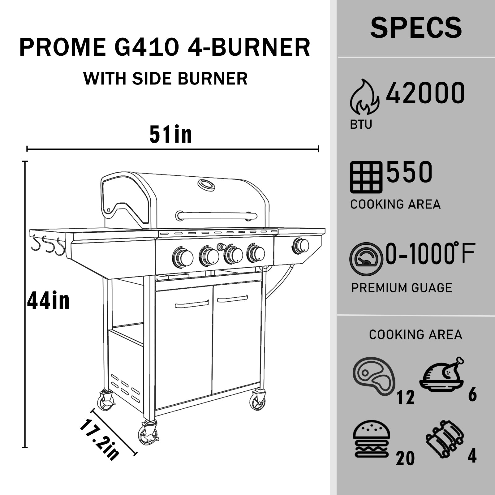 PROME G410 Propane Gas Grill - 4 Burners + Side Burner